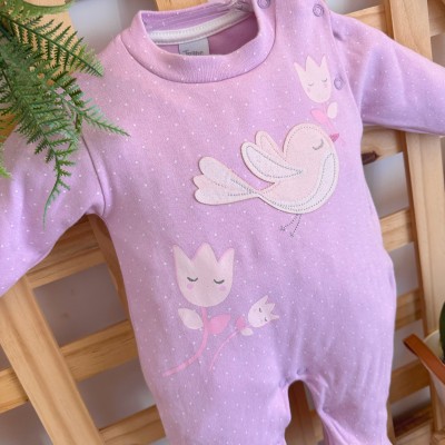 Macacão Malha Trape Zape - Passarinha com Flores - Lilás